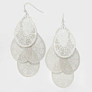 Filigree Earrings Metal Teardrop Layered Bohemian 3" MATTE SILVER
